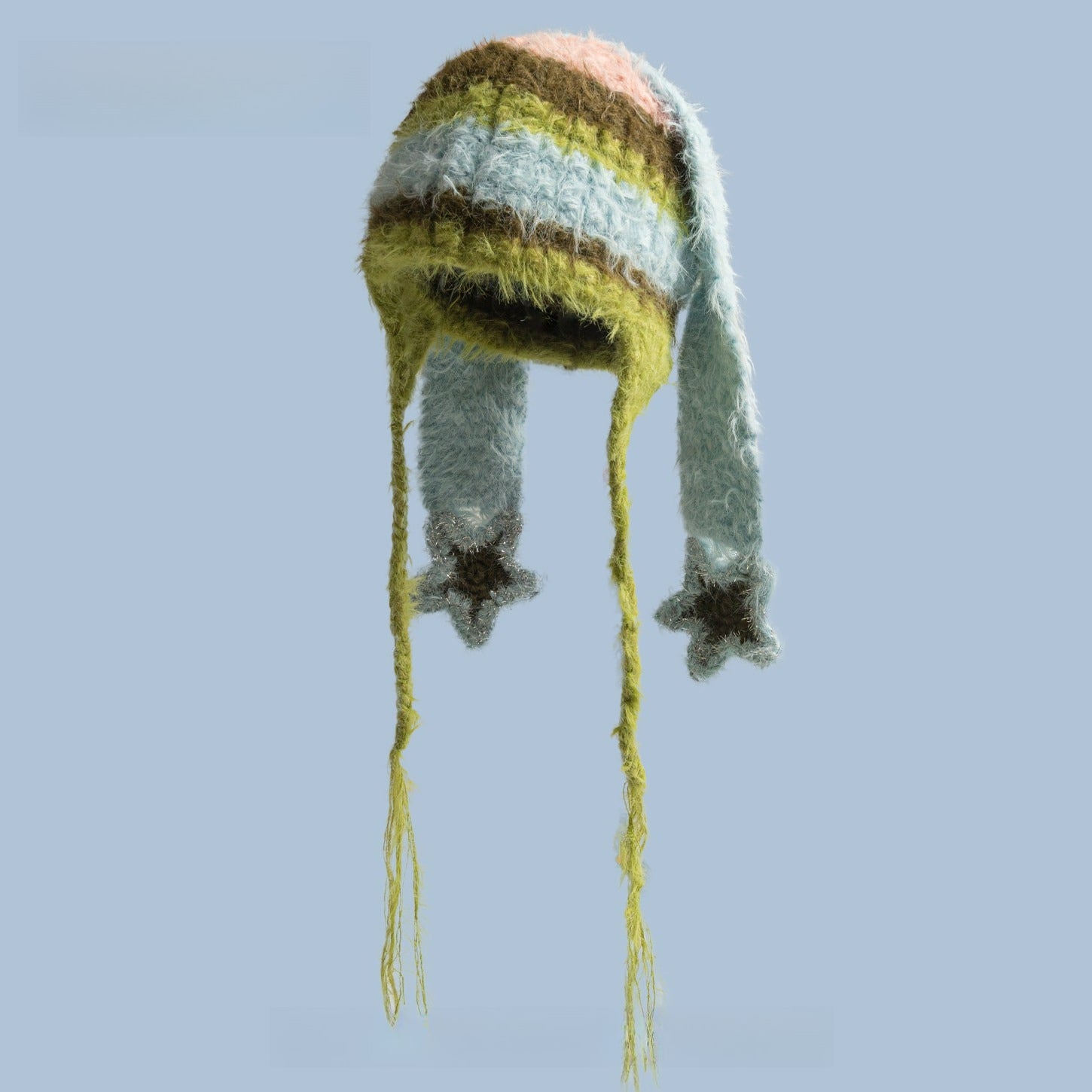 Striped Stars Plush Hat Cute Ears Winter Pullover Hat