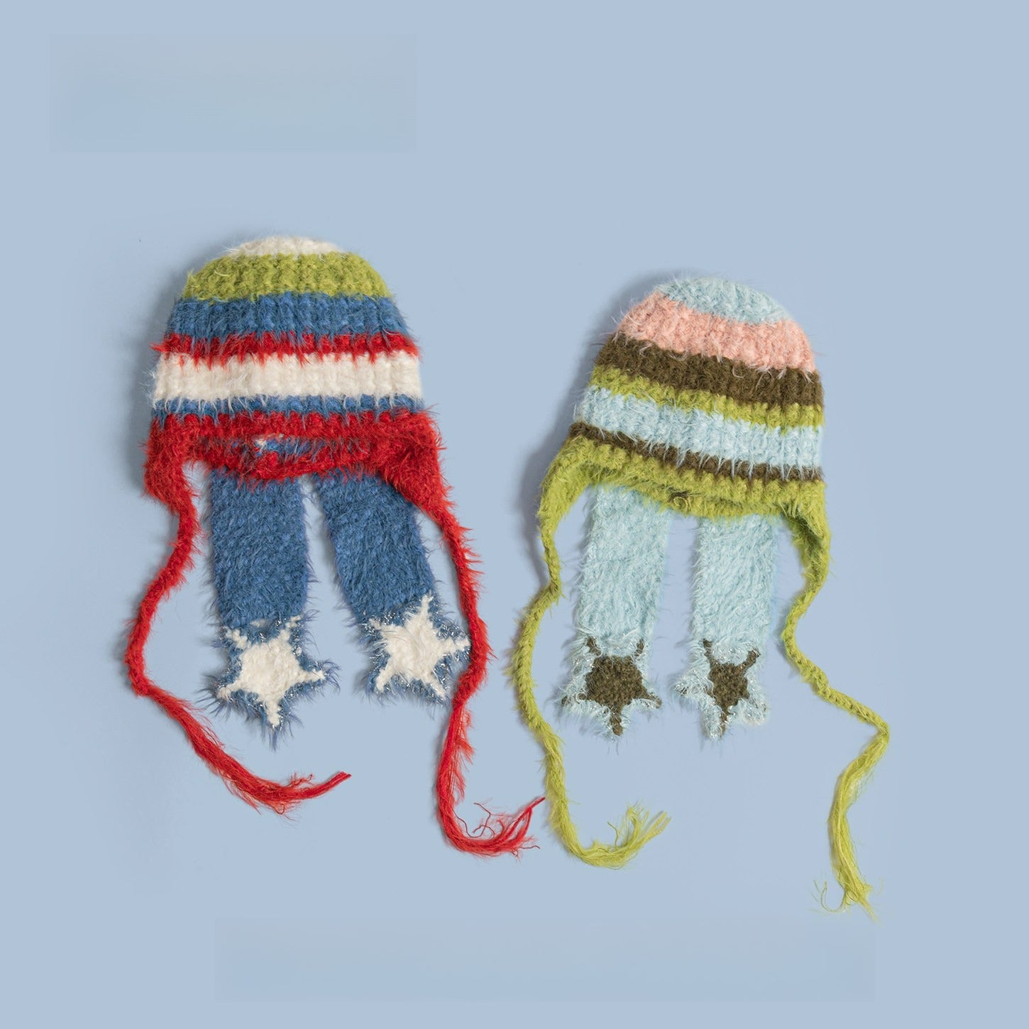 Striped Stars Plush Hat Cute Ears Winter Pullover Hat