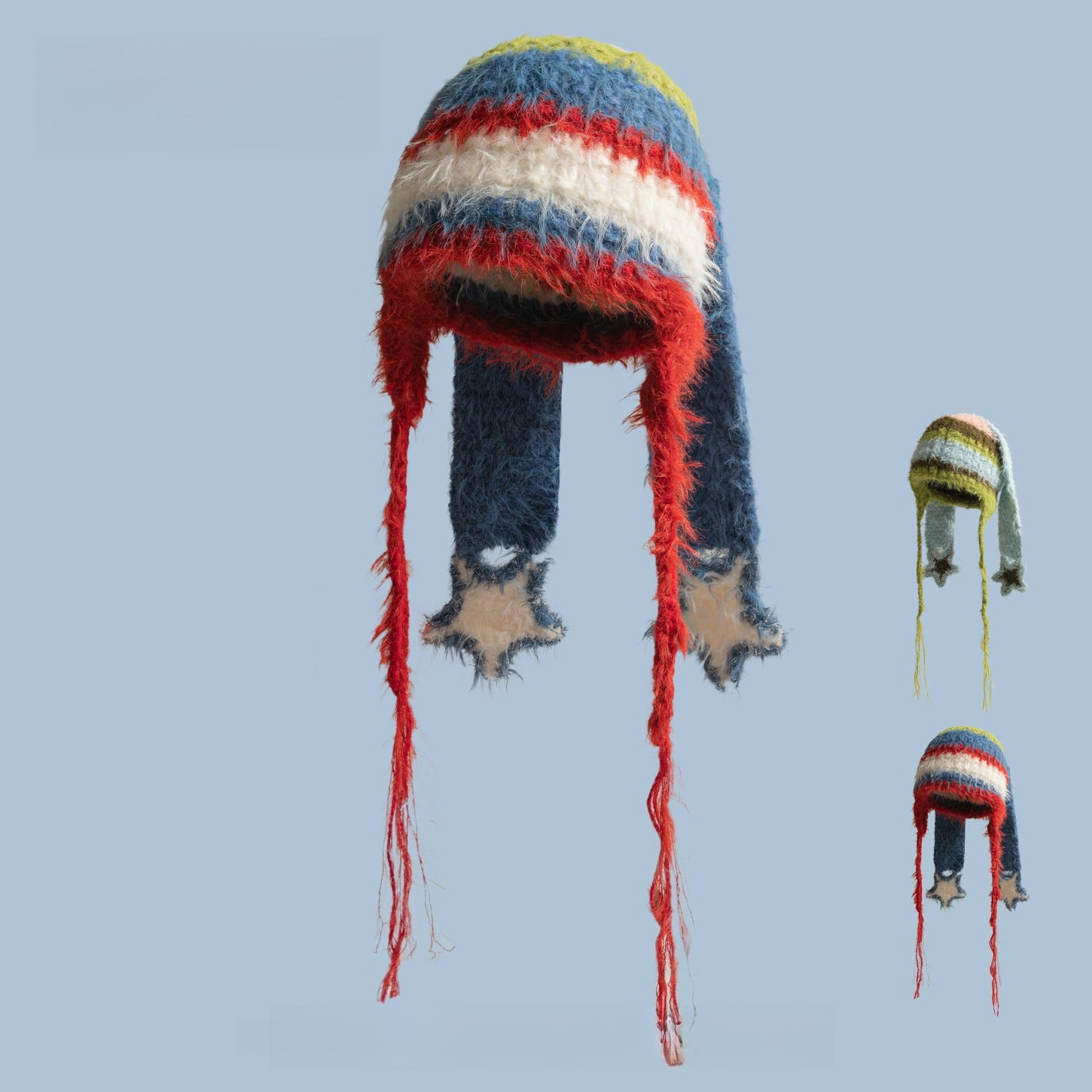 Striped Stars Plush Hat Cute Ears Winter Pullover Hat