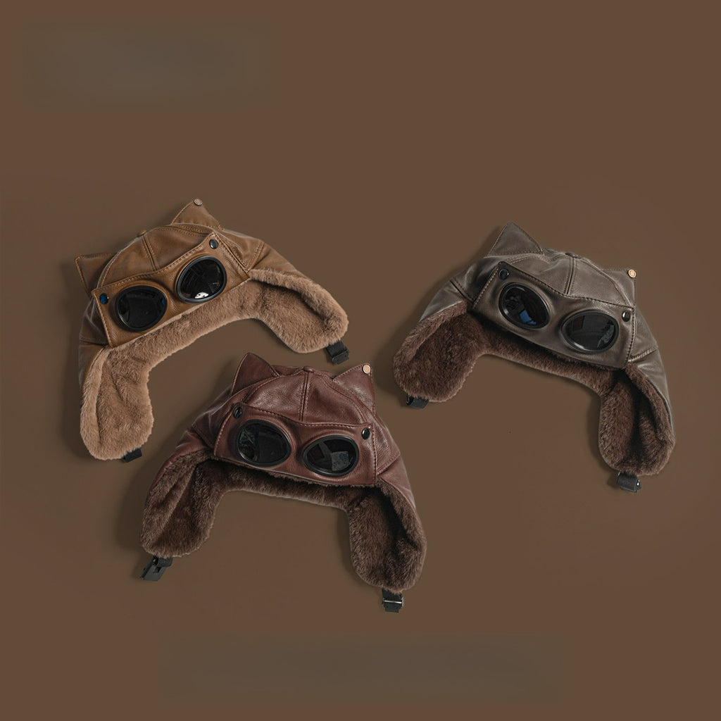 Pu Leather Cat Ear Sunglasses Trendy Cool Pilot Hat