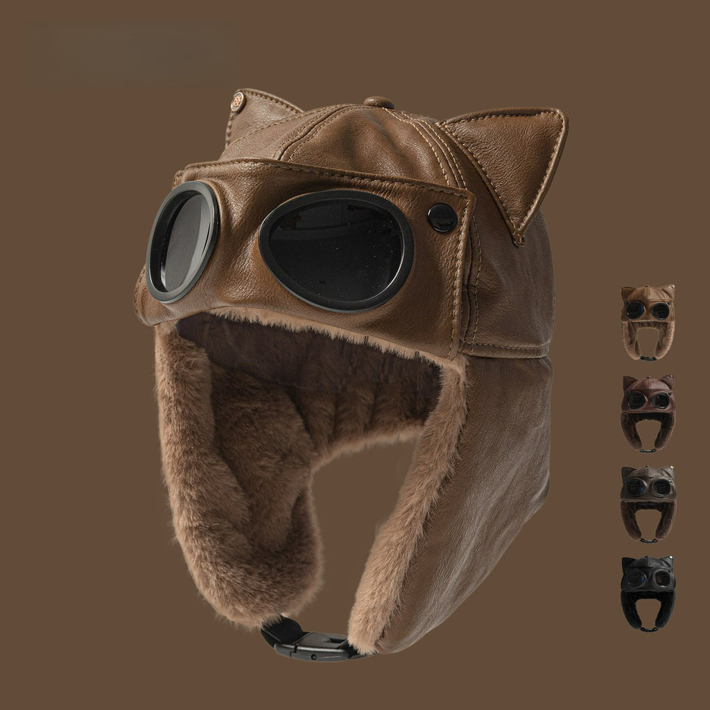 Pu Leather Cat Ear Sunglasses Trendy Cool Pilot Hat